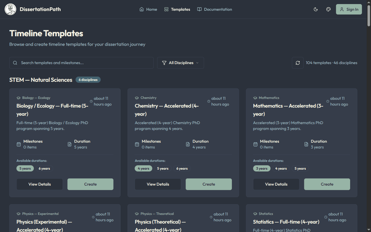 Template library showing disciplines and timeline templates
